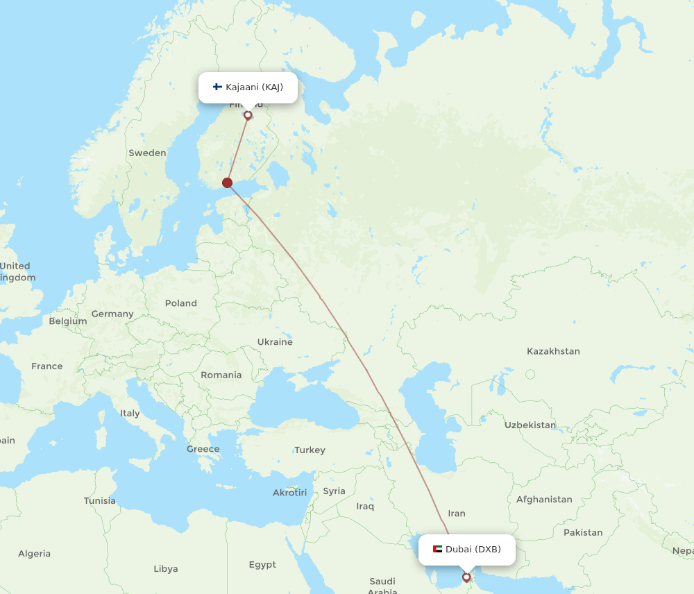 DXB to KAJ flights and routes map