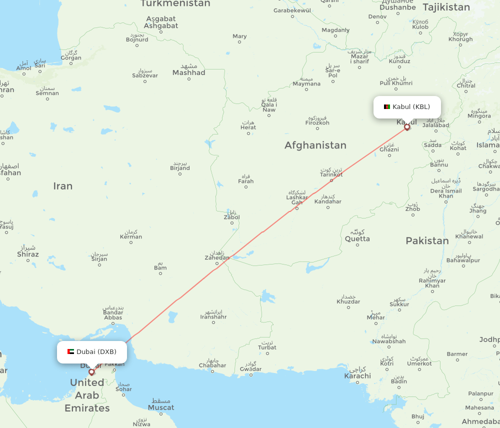 Dubai - Kabul route map and flight paths