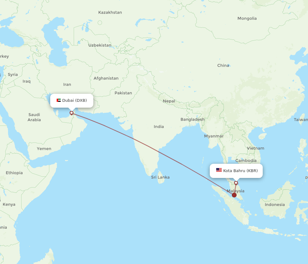 DXB to KBR flights and routes map