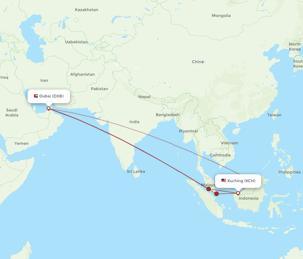 DXB to KCH flights and routes map