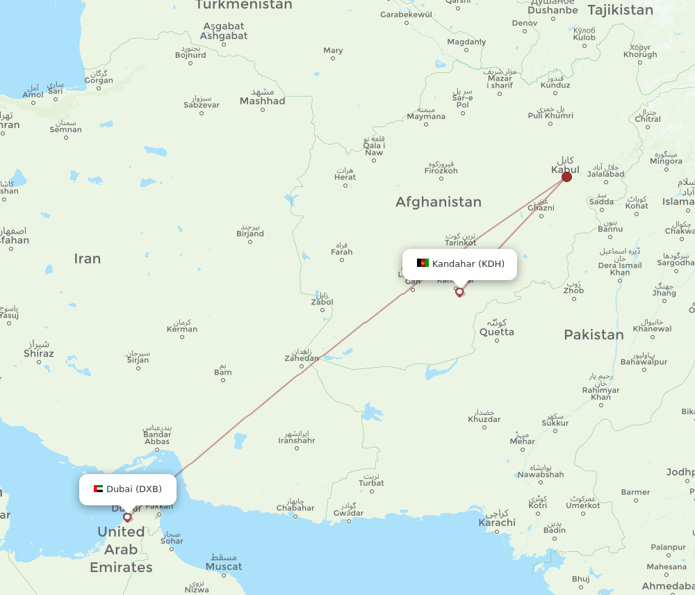 DXB to KDH flights and routes map