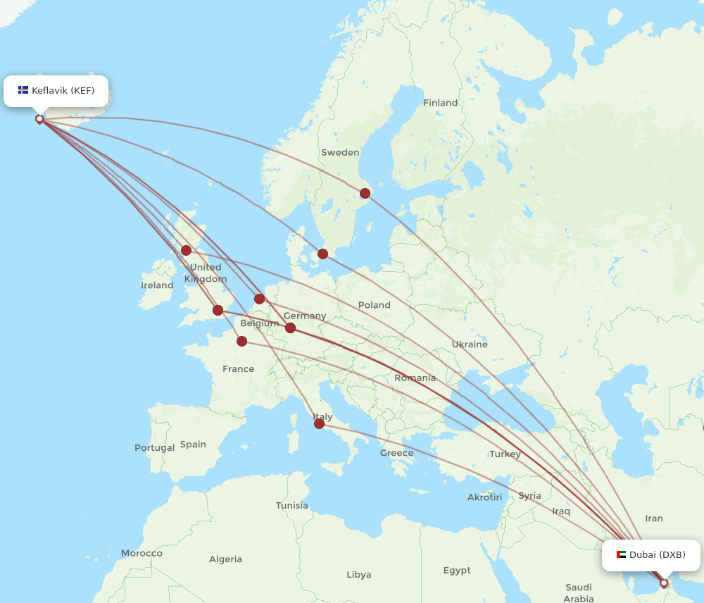 DXB-KEF flight routes