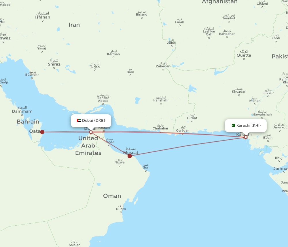 DXB to KHI flights and routes map