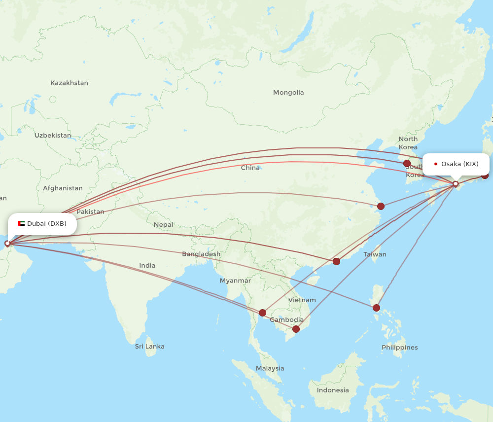 DXB to KIX flights and routes map