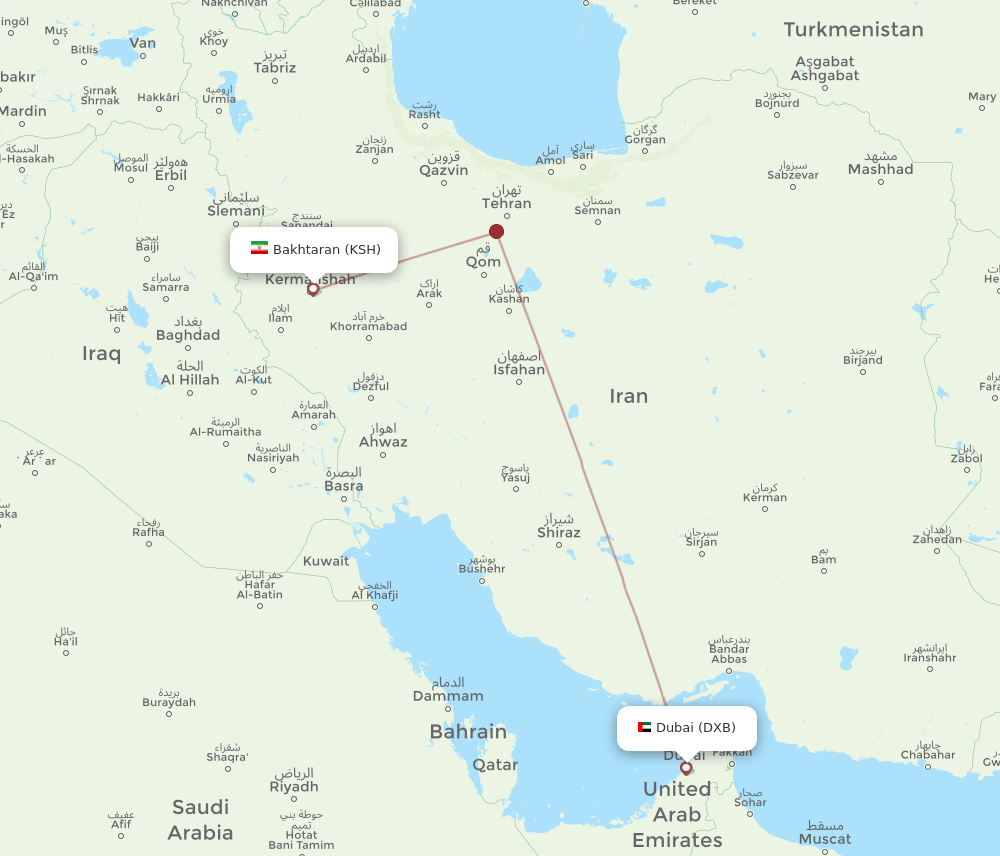 Dubai - Kermanshah route map and flight paths