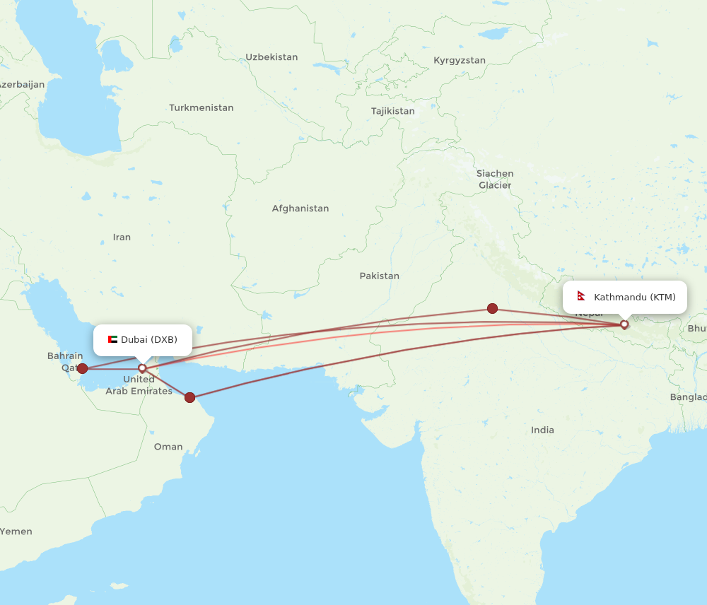 DXB to KTM flights and routes map