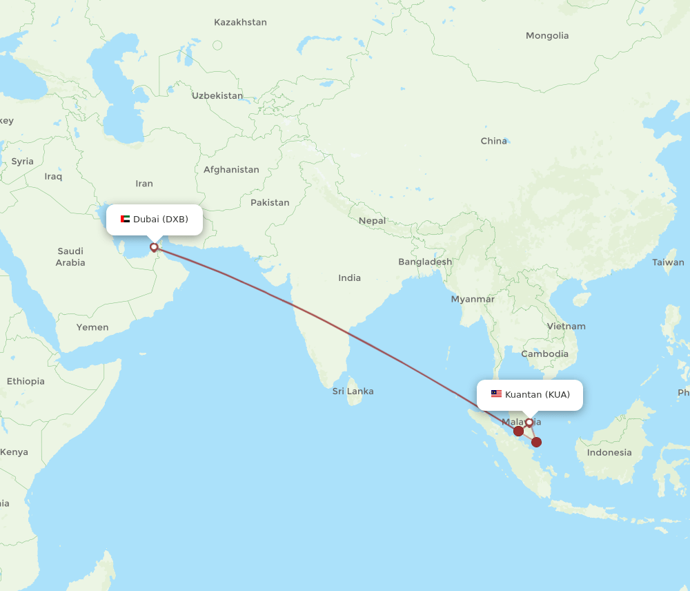DXB to KUA flights and routes map