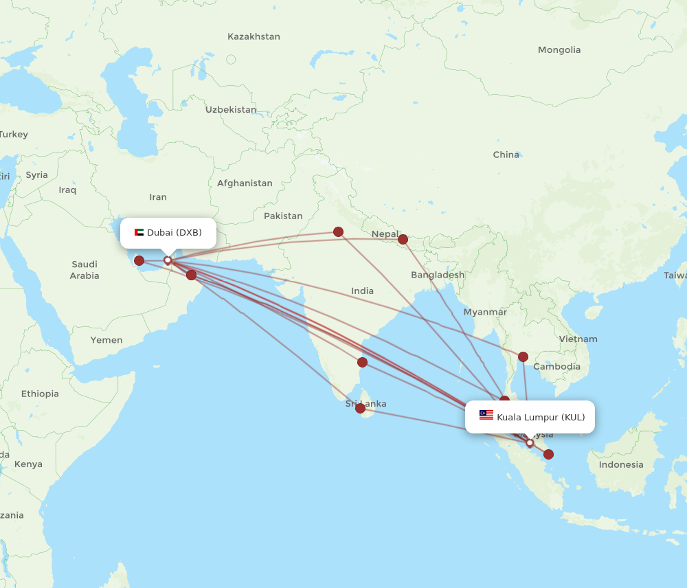 DXB to KUL flights and routes map