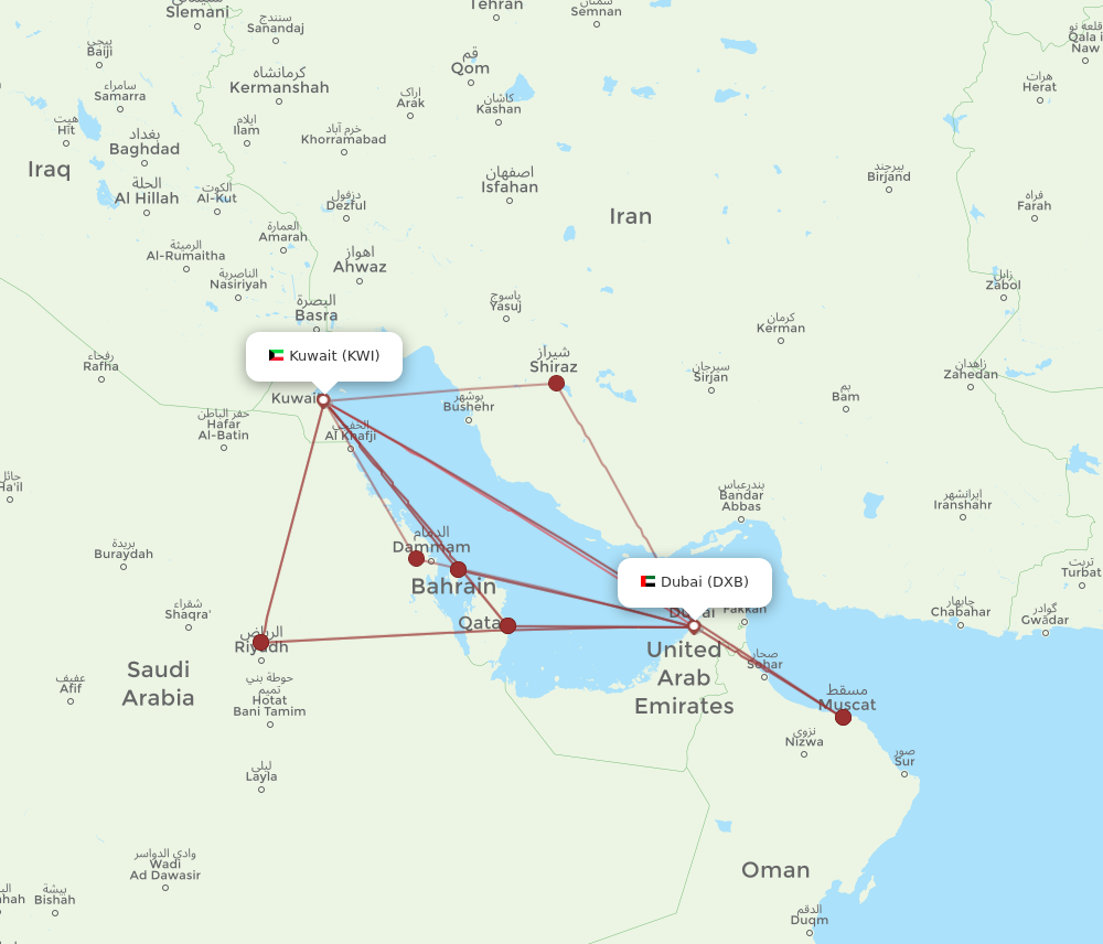 DXB to KWI flights and routes map
