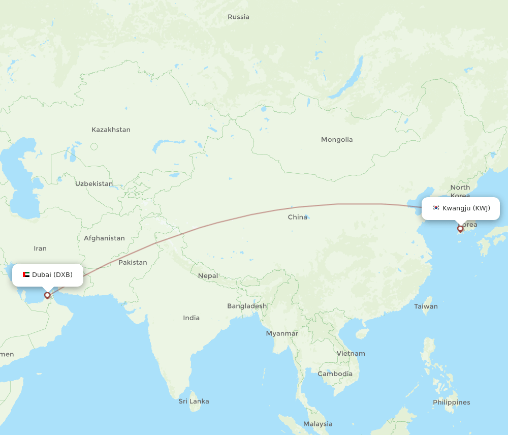 Gwangju - Dubai route map and flight paths