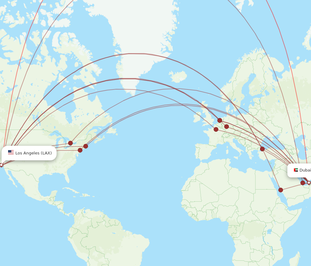 DXB to LAX flights and routes map