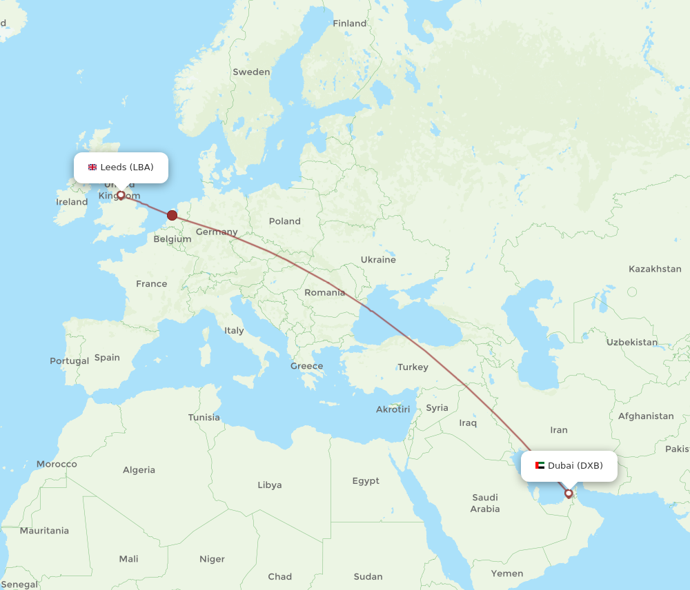 DXB to LBA flights and routes map