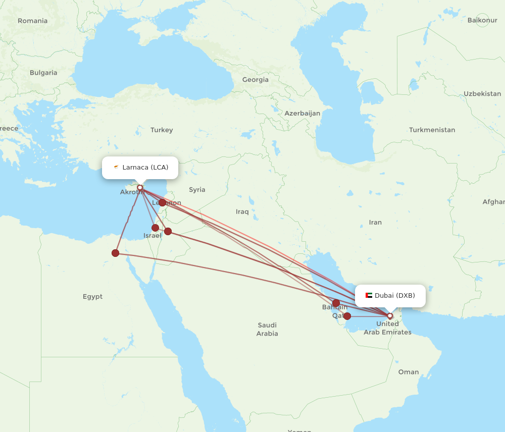 DXB to LCA flights and routes map
