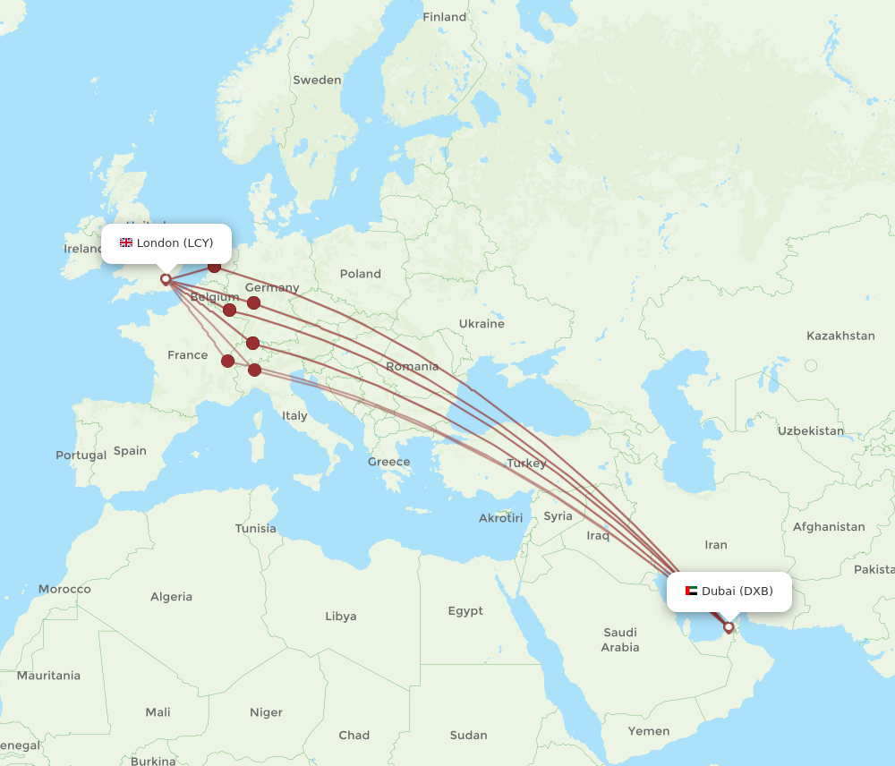 DXB to LCY flights and routes map