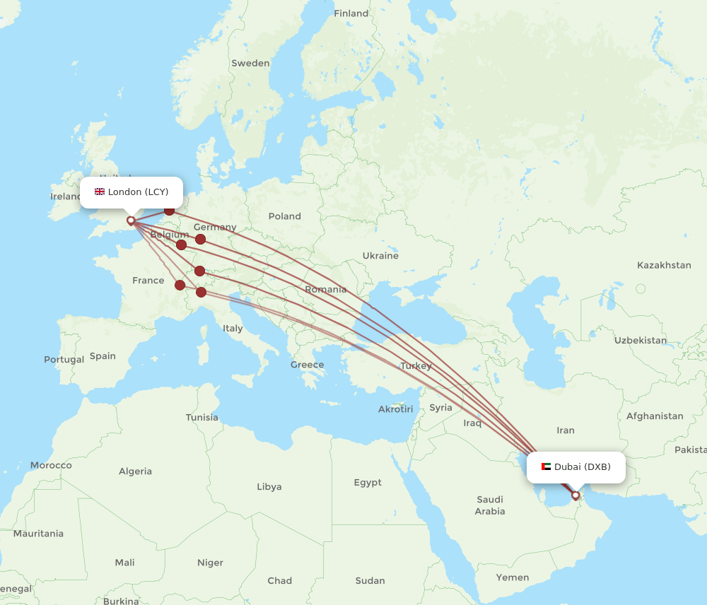 DXB to LCY flights and routes map