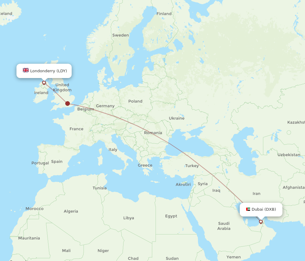 DXB-LDY flight routes