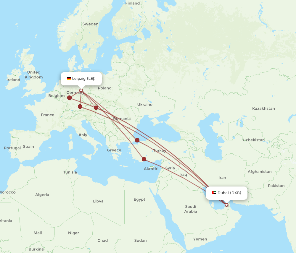 DXB to LEJ flights and routes map