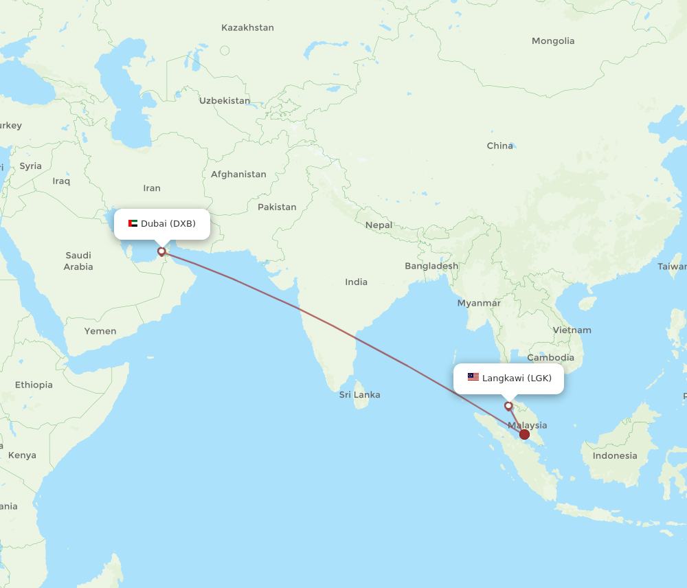 DXB to LGK flights and routes map