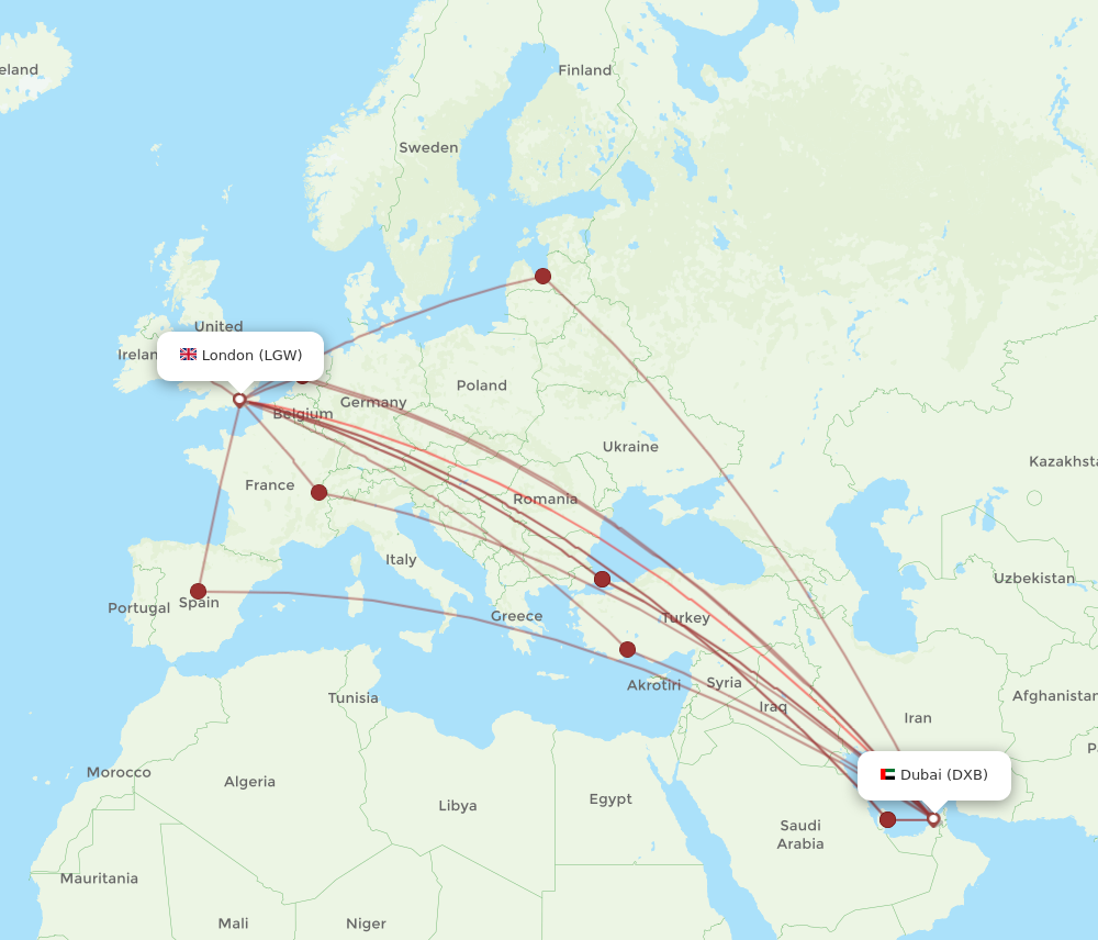DXB to LGW flights and routes map