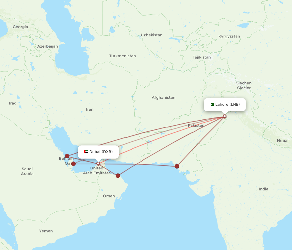 DXB to LHE flights and routes map