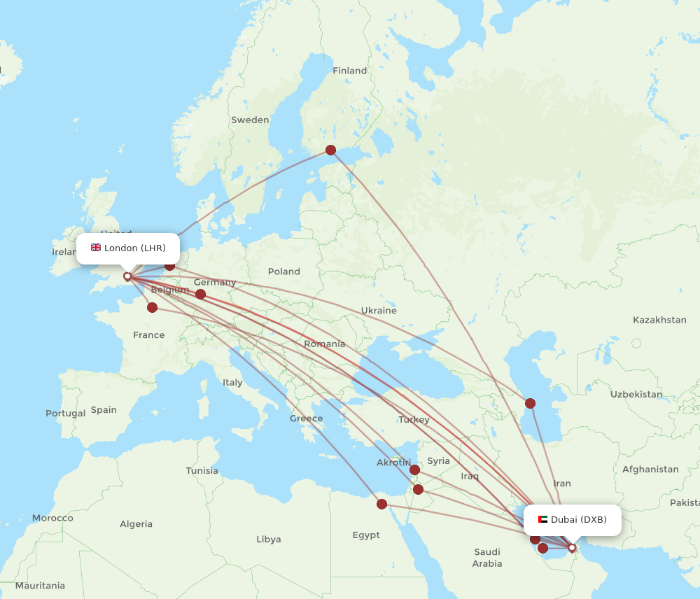 DXB to LHR flights and routes map