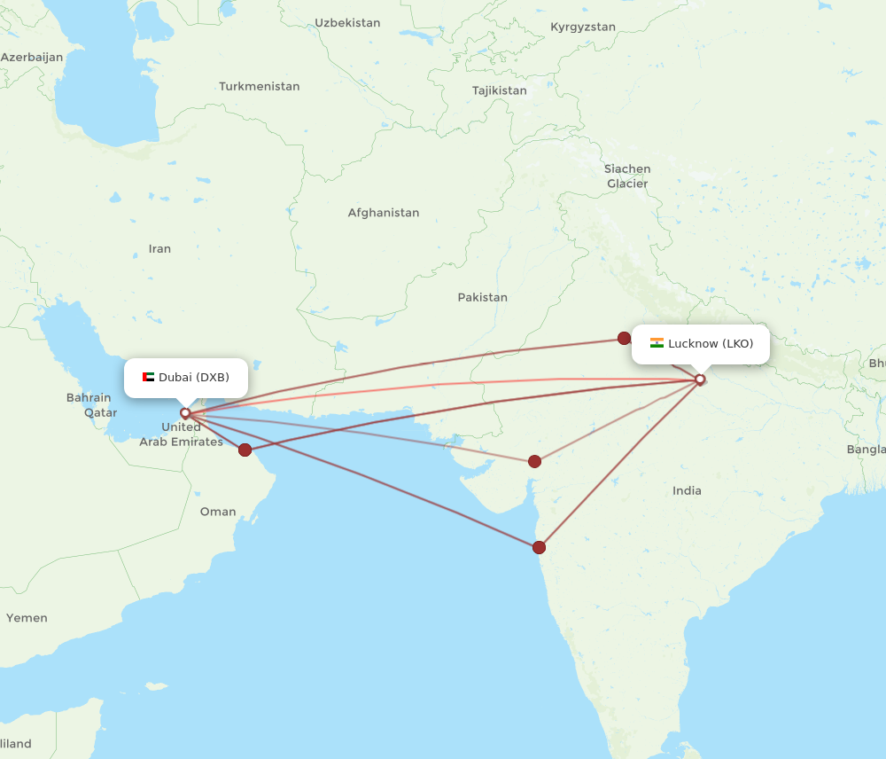 DXB to LKO flights and routes map