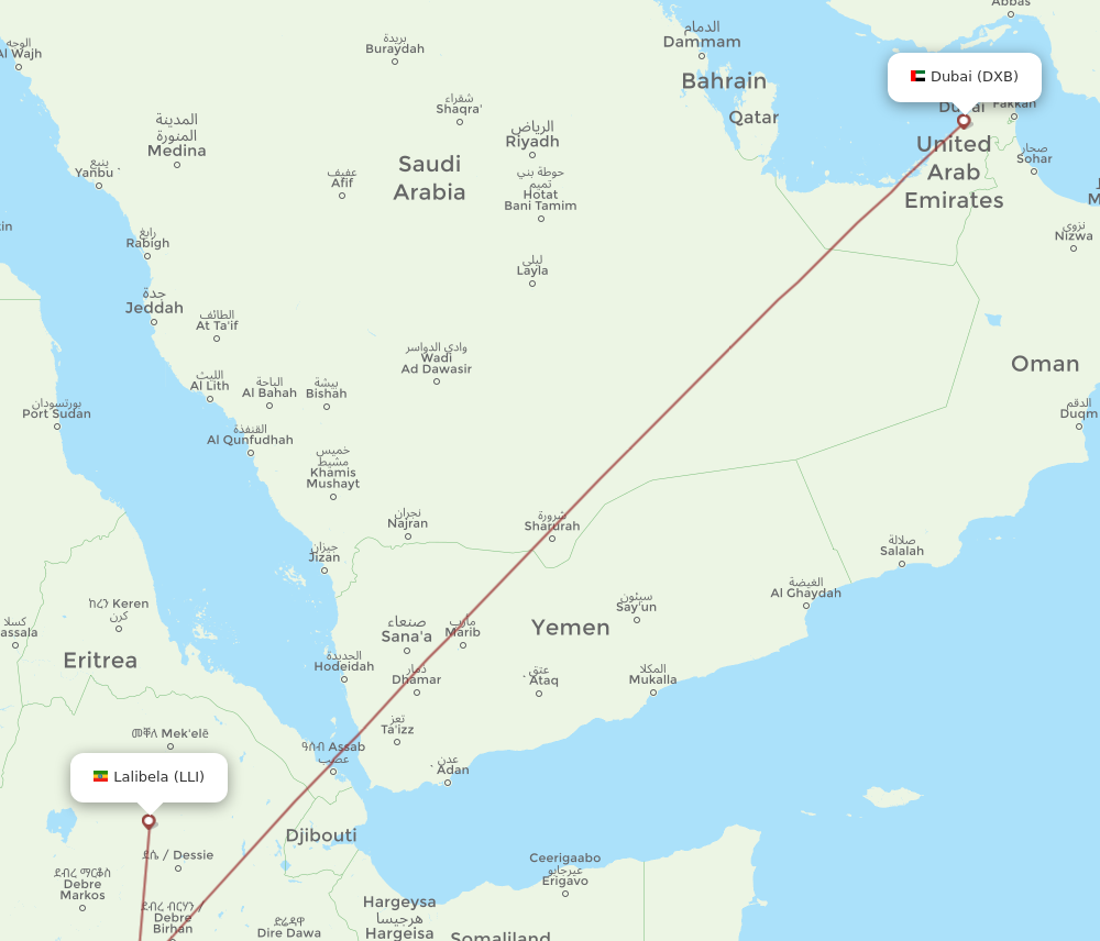 DXB to LLI flights and routes map