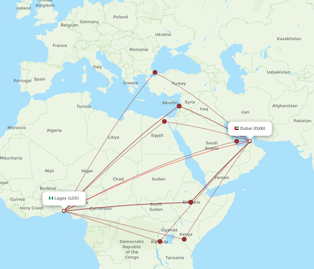 DXB to LOS flights and routes map