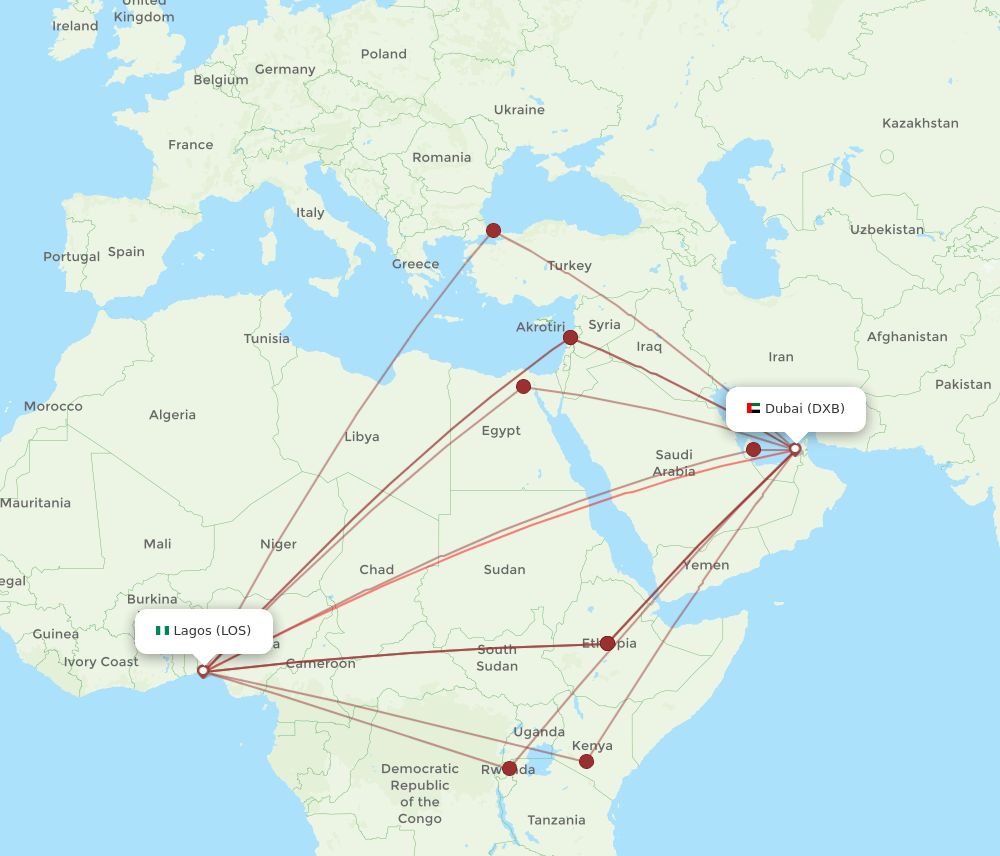 DXB to LOS flights and routes map