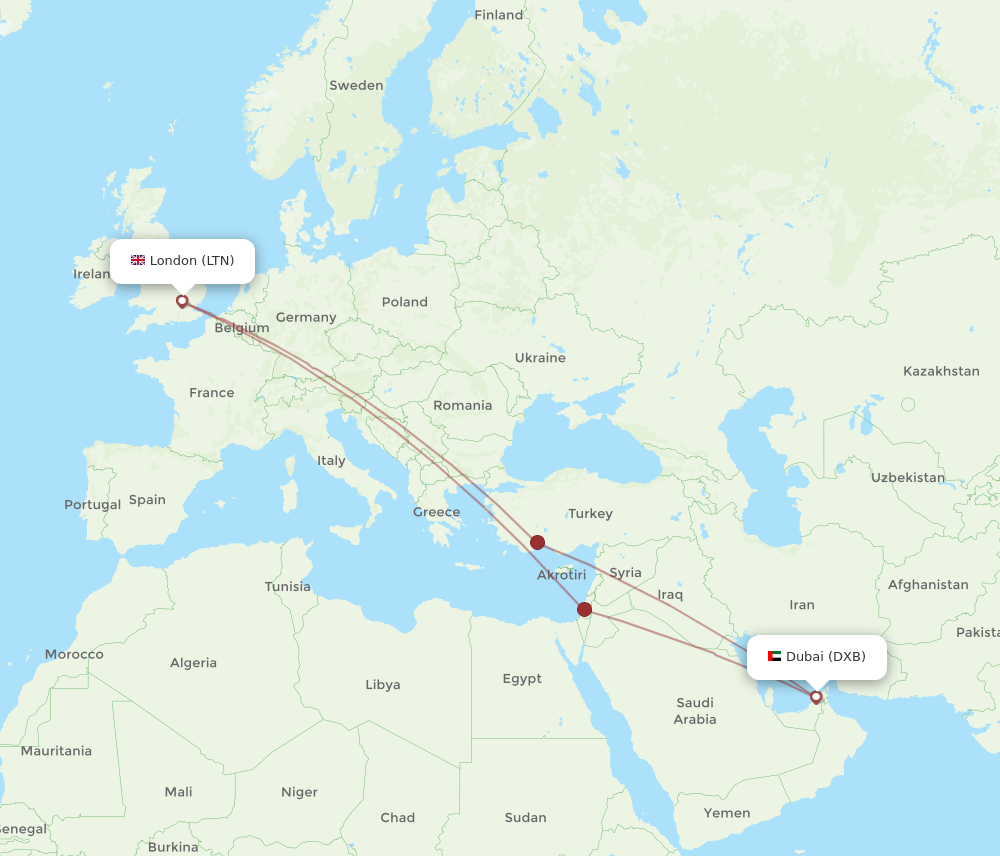 DXB to LTN flights and routes map
