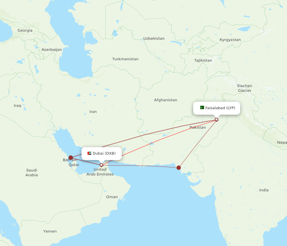 DXB to LYP flights and routes map