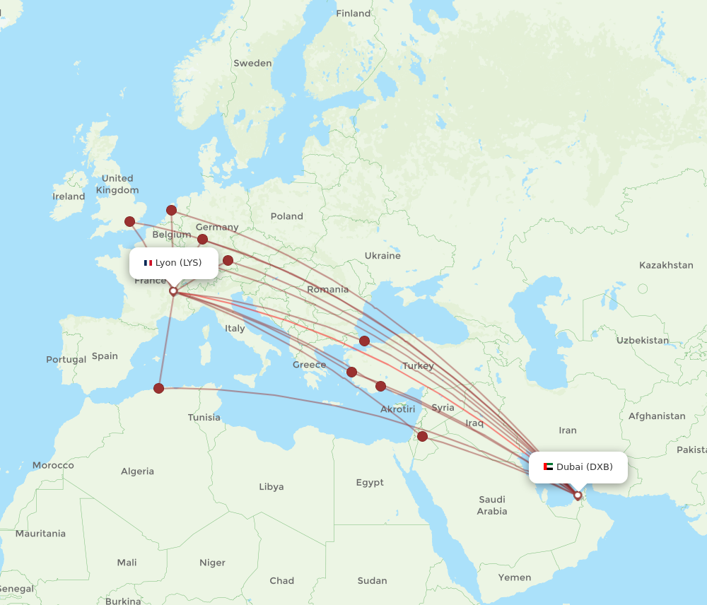 DXB to LYS flights and routes map