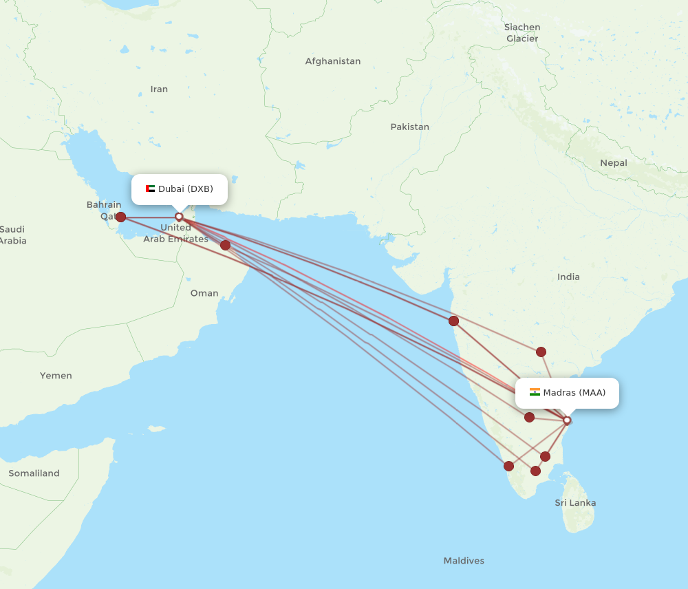 DXB to MAA flights and routes map
