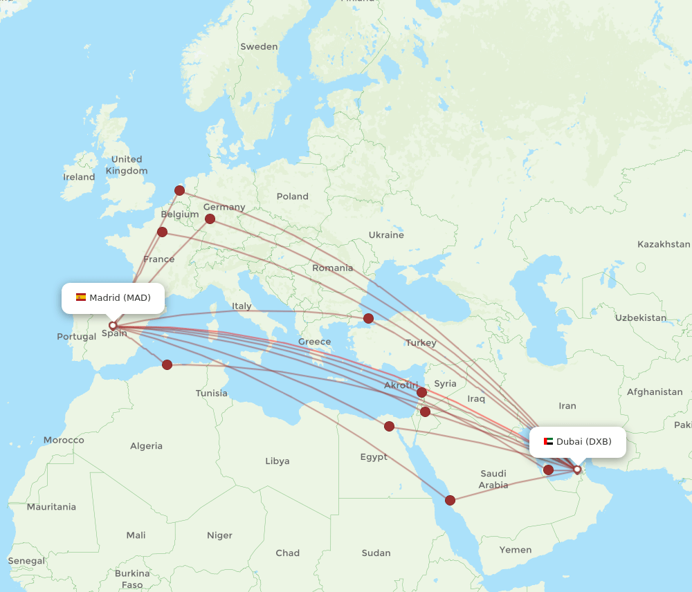 DXB to MAD flights and routes map