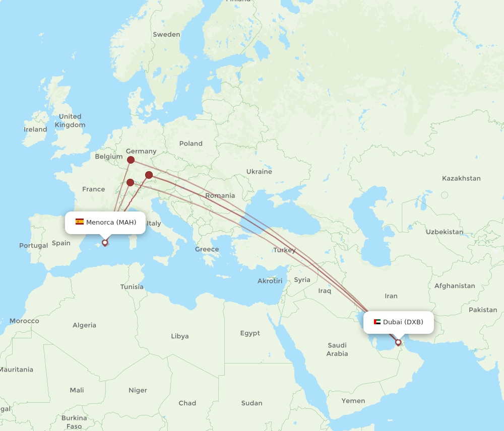 DXB to MAH flights and routes map