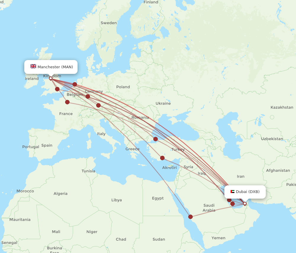 DXB to MAN flights and routes map