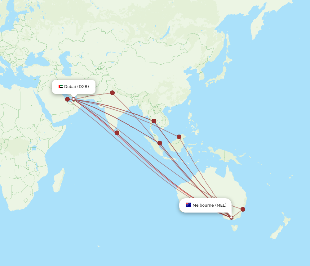 DXB to MEL flights and routes map