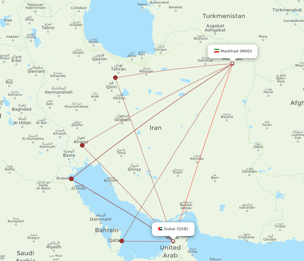 DXB to MHD flights and routes map