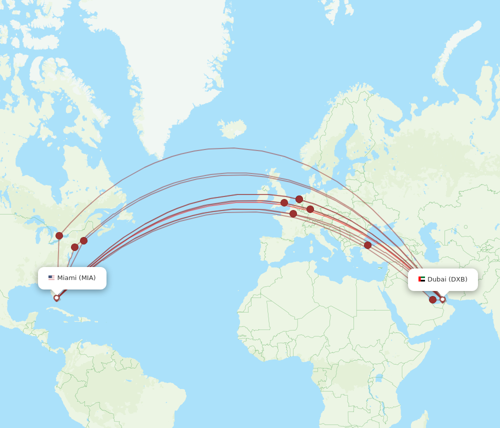 DXB to MIA flights and routes map