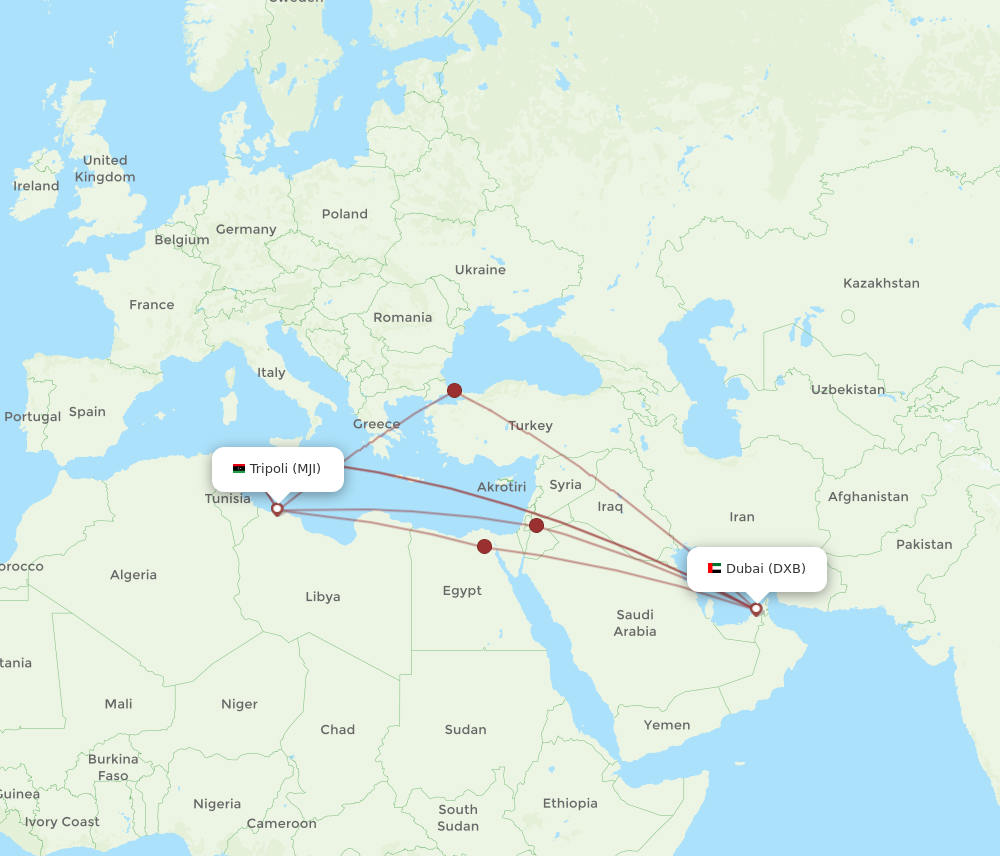 DXB to MJI flights and routes map