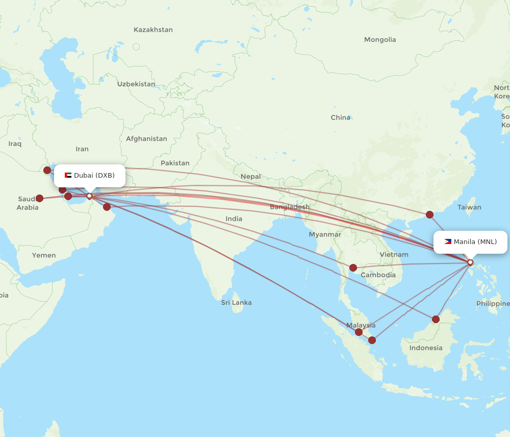 DXB to MNL flights and routes map