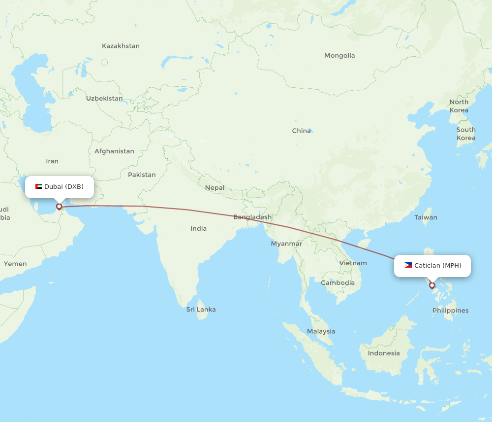 DXB to MPH flights and routes map