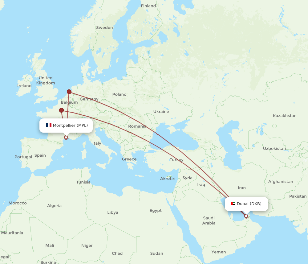 DXB to MPL flights and routes map