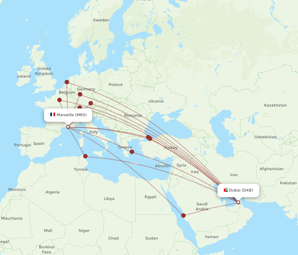DXB to MRS flights and routes map