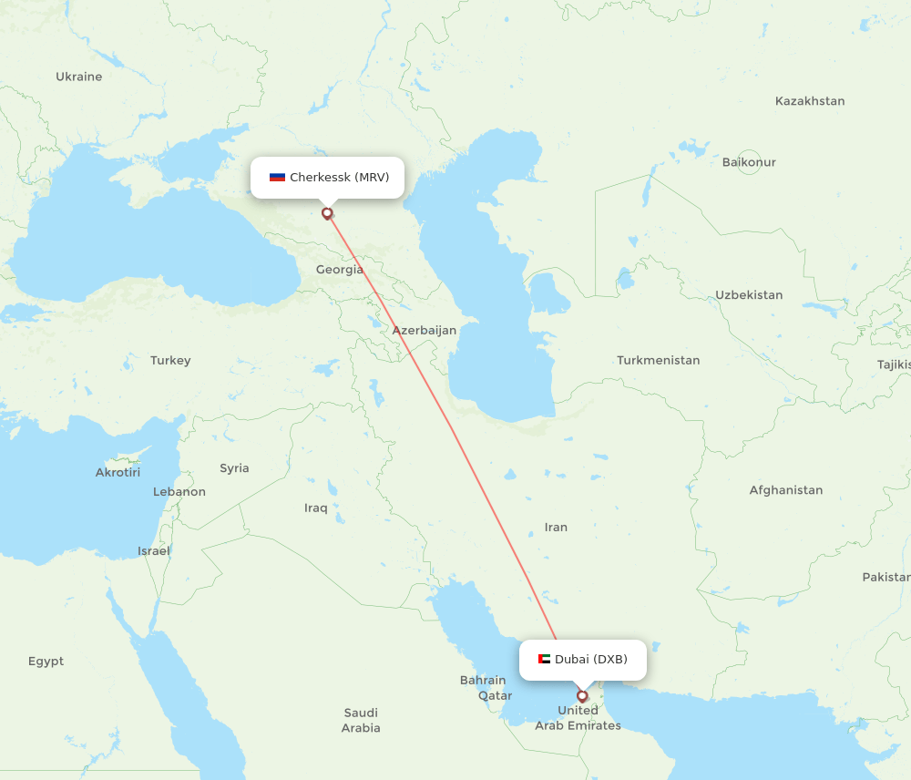 Dubai - Mineralnye Vody route map and flight paths