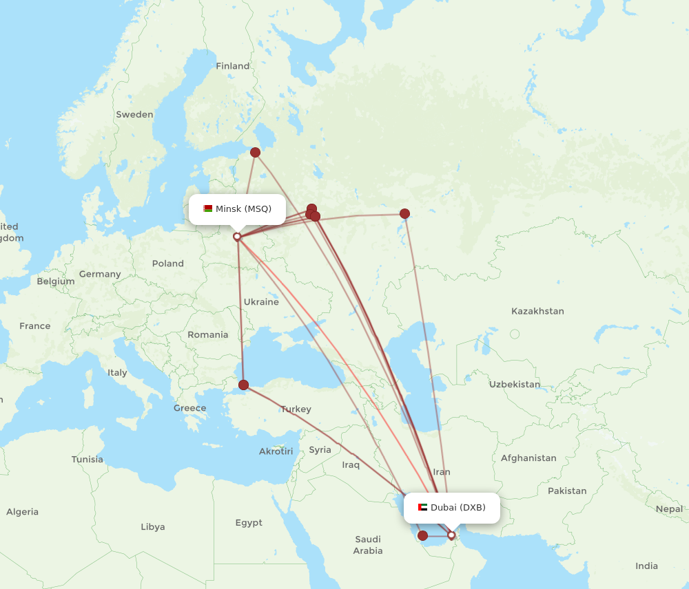 DXB to MSQ flights and routes map
