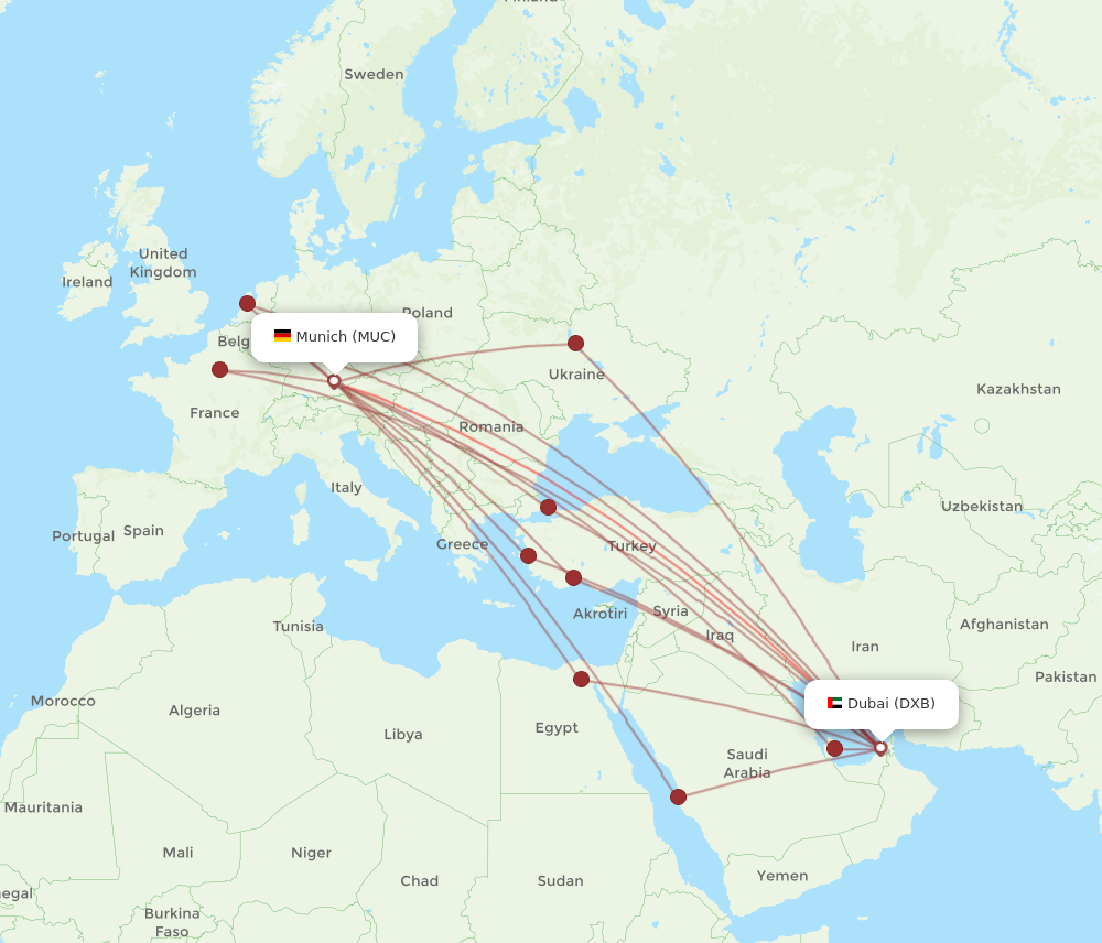 DXB to MUC flights and routes map