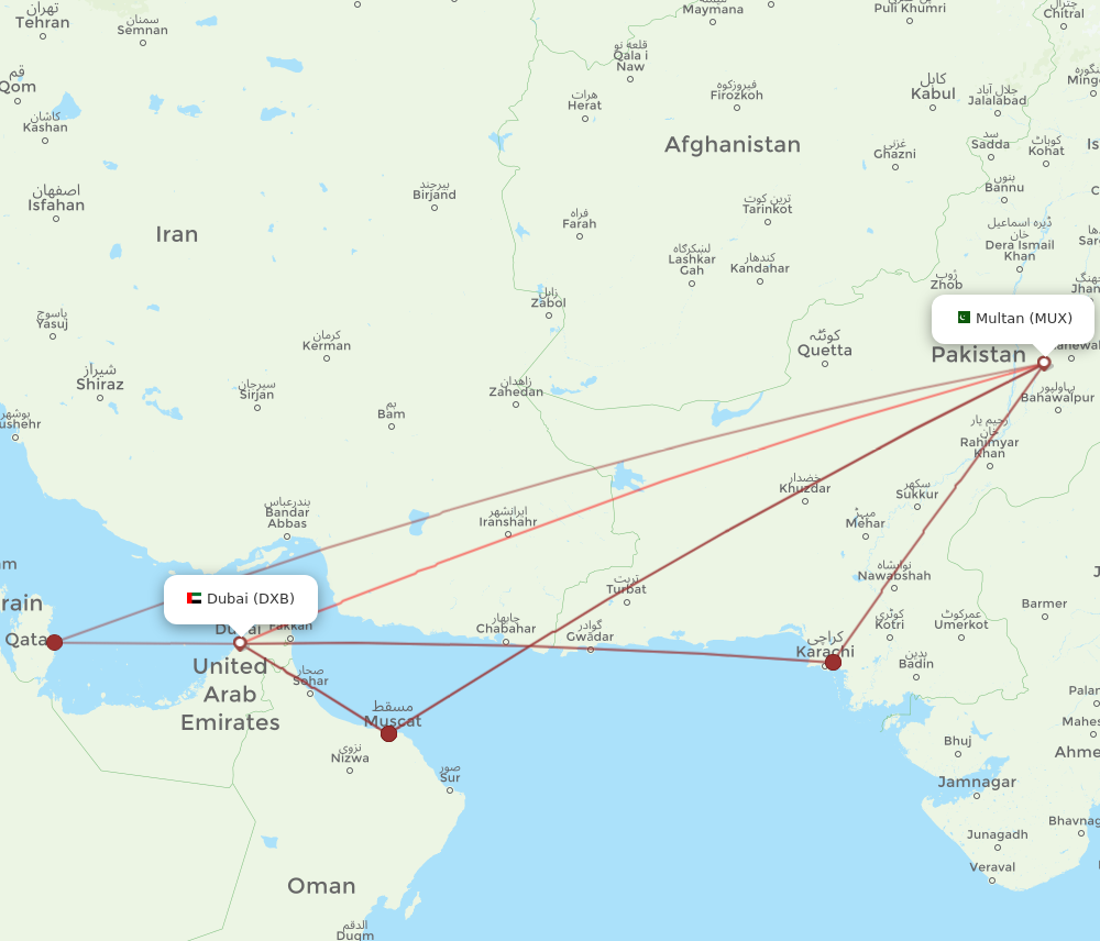 DXB to MUX flights and routes map