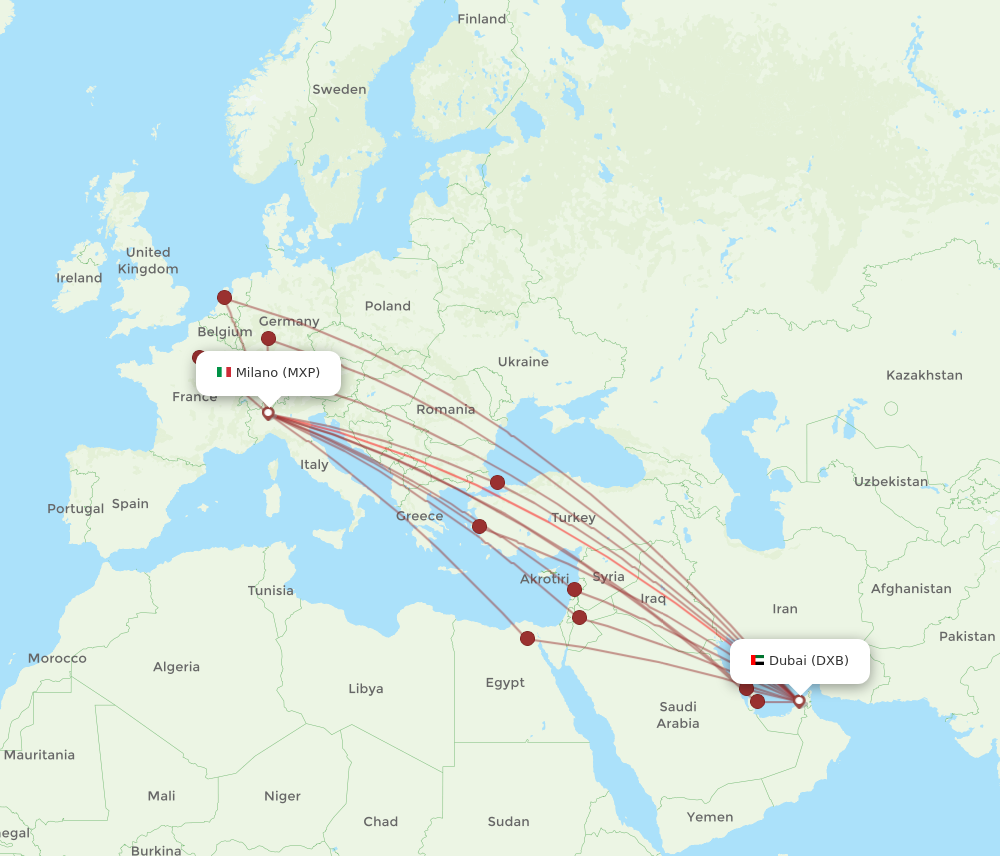 DXB to MXP flights and routes map