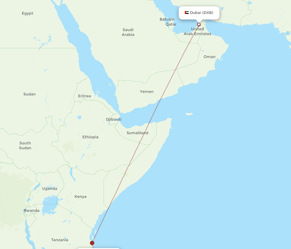 Mtwara - Dubai route map and flight paths